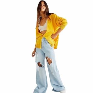 Free people School Boy Golden yellow 100% Cashmere Cardigan Large